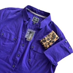 Express Women's Lg Purple Leopard Trim Button Front The Essential Shirt Original